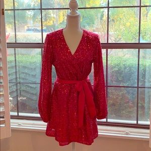 Red sequence wraparound long sleeve dress